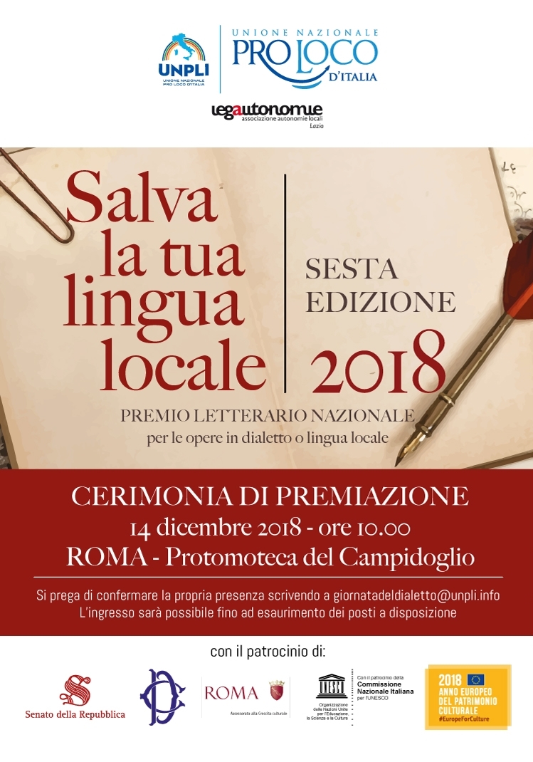 Al momento stai visualizzando Premio letterario nazionale “Salva la  tua  lingua  locale” Sesta Edizione 2018: Quattro premi alla Basilicata su cinque sezioni