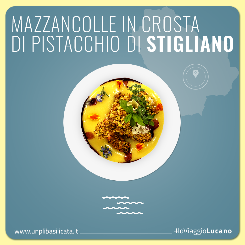 Mazzancolle in crosta di pistacchio di Stigliano, su soffice di patate alla vaniglia, e gocce di miele di aglianico. Rubrica EnogAstronomica