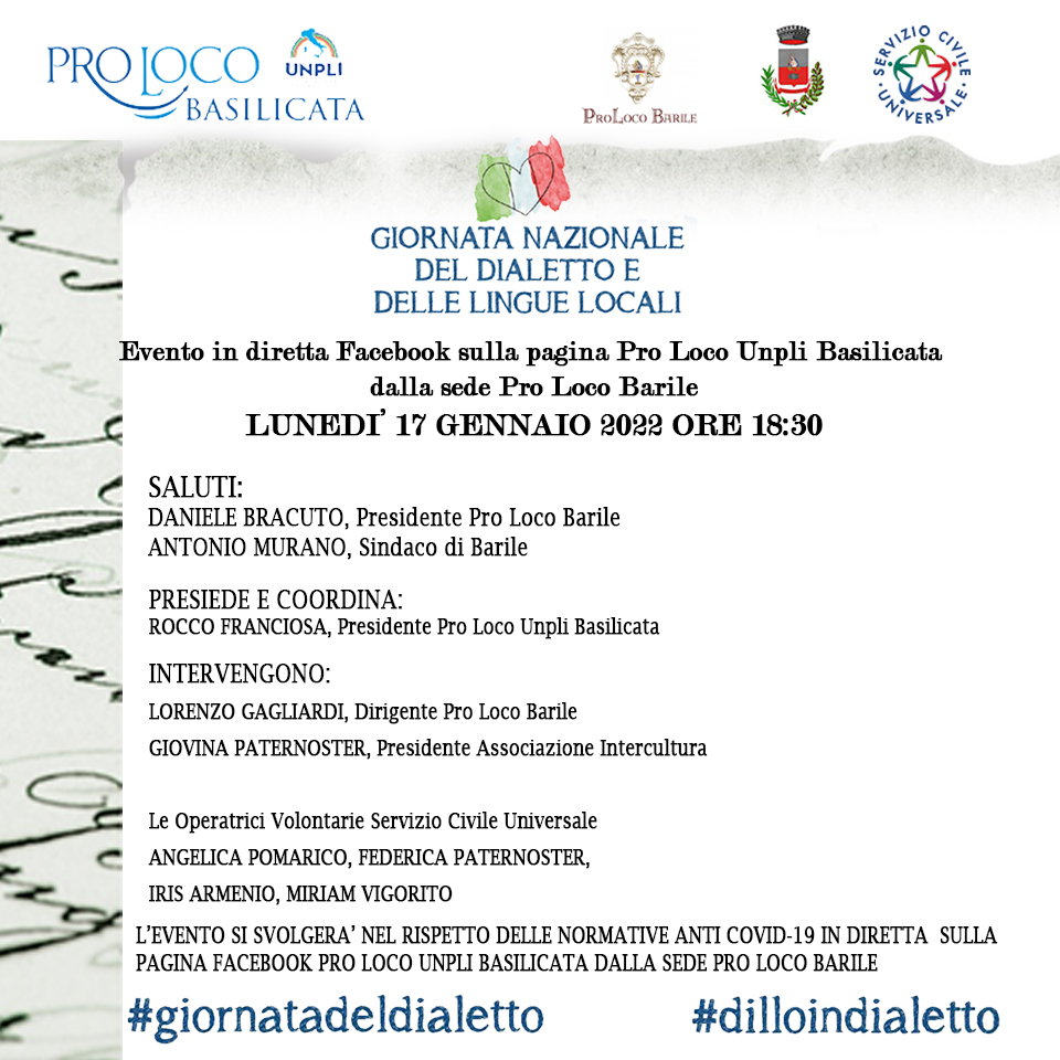 Al momento stai visualizzando L’Unione Pro Loco Basilicata celebra la Giornata Nazionale del Dialetto con la Pro Loco Barile